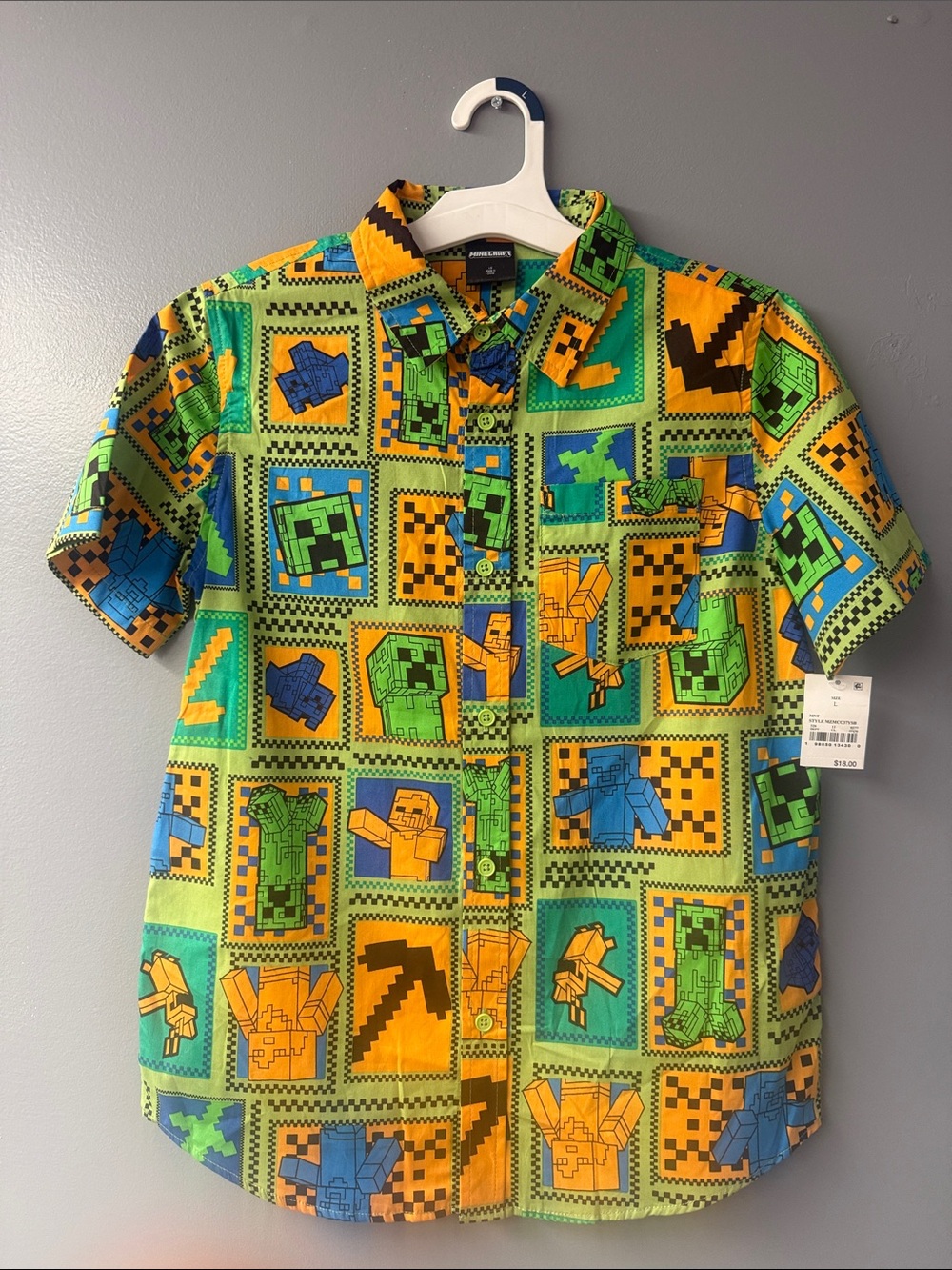 Kids Minecraft-Inspired Green & Yellow Button-Down Shirt